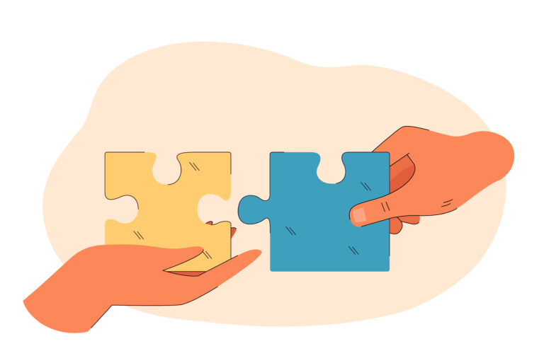 Hands connecting blue and yellow puzzle flat vector illustration
